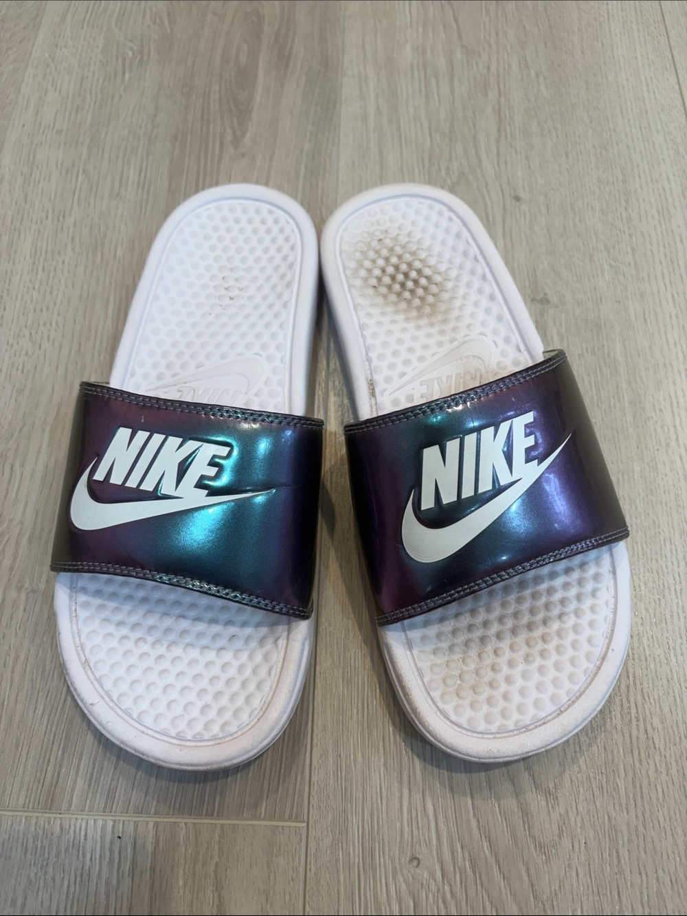 Nike Iridescent Purple-Teal Slide Sandals with White Logo